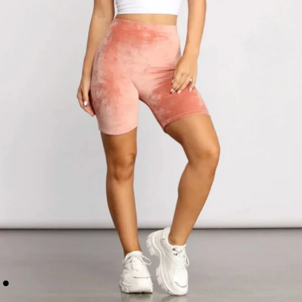 Velour Biker Shorts Coral Pink High Waist Size S or M - Picture 3 of 5